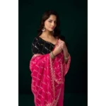 Women's Net Sequence Saree With Unstitched Blouse 5.5Mtr (Pink) - Image 2