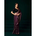 Women's Net Sequence Saree With Unstitched Blouse 5.5Mtr (Purple) - Image 3