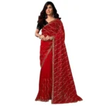 Women's Net Sequence Saree With Unstitched Blouse 5.5Mtr (Red) - Image 4