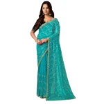Women's Net Sequence Saree With Unstitched Blouse 5.5Mtr (Turquoise) - Image 5