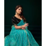 Women's Net Sequence Saree With Unstitched Blouse 5.5Mtr (Turquoise) - Image 2