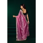 Women's Net Sequence Saree With Unstitched Blouse 5.5Mtr (Pink) - Image 3
