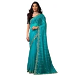 Women's Net Sequence Saree With Unstitched Blouse 5.5Mtr (Turquoise) - Image 5