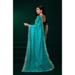 Women's Net Sequence Saree With Unstitched Blouse 5.5Mtr (Turquoise) - Image 4