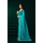 Women's Net Sequence Saree With Unstitched Blouse 5.5Mtr (Turquoise) - Image 3