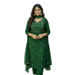 Women's Georgette Ethnic Motif Round 3/4th Sleeve Kurti With Pant Dupatta Set (Green) - Image 3