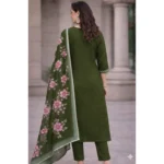 Women's Chanderi Silk Ethnic Motif V-Neck 3/4th Sleeve Kurti With Pant Dupatta Set (Mahendi) - Image 3