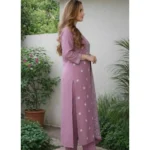 Women's Chanderi Silk Ethnic Motif Round 3/4th Sleeve Kurti With Pant Dupatta Set (Peach) - Image 3