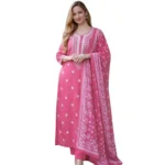 Women's Chanderi Silk Ethnic Motif Round 3/4th Sleeve Kurti With Pant Dupatta Set (Pink) - Image 3