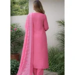 Women's Chanderi Silk Ethnic Motif Round 3/4th Sleeve Kurti With Pant Dupatta Set (Pink) - Image 4