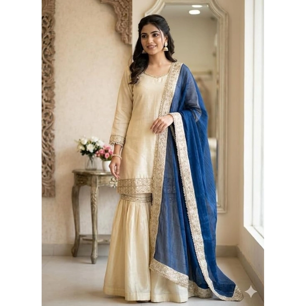 PID-66482-Women-s-Silk-Embroidered-3-4th-Sleeve-Round-Kurti-With-Palazzo-and-Dupatta-Set-Cream-1-1000x1000-1.webp Women's Silk Embroidered 3/4th Sleeve V-Neck Kurti With Sharara Pant and Dupatta Set (Cream & Blue) - Image 1