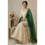 Women's Silk Embroidered 3/4th Sleeve V-Neck Kurti With Sharara Pant and Dupatta Set (Cream & Bottle Green) - Image 3