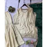 Women's Silk Embroidered 3/4th Sleeve V-Neck Kurti With Sharara Pant and Dupatta Set (Cream & Bottle Green) - Image 4
