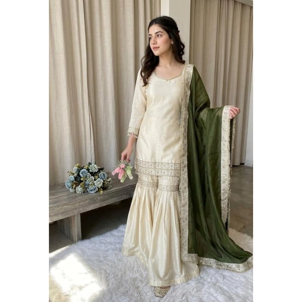 PID-66484-Women-s-Silk-Embroidered-3-4th-Sleeve-Round-Kurti-With-Palazzo-and-Dupatta-Set-Cream-1-1000x1000-1.webp Women's Silk Embroidered 3/4th Sleeve V-Neck Kurti With Sharara Pant and Dupatta Set (Cream & Green) - Image 1