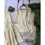 Women's Silk Embroidered 3/4th Sleeve V-Neck Kurti With Sharara Pant and Dupatta Set (Cream & Green) - Image 4