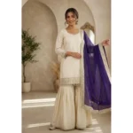 Women's Silk Embroidered 3/4th Sleeve V-Neck Kurti With Sharara Pant and Dupatta Set (Cream & Purple) - Image 6