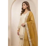 Women's Silk Embroidered 3/4th Sleeve V-Neck Kurti With Sharara Pant and Dupatta Set (Cream & Yellow) - Image 6