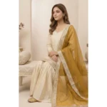 Women's Silk Embroidered 3/4th Sleeve V-Neck Kurti With Sharara Pant and Dupatta Set (Cream & Yellow) - Image 3