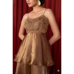 Women's Silk Embroidered Sleeveless Round Kurti With Palazzo Pant and Dupatta Set (Brown) - Image 5