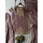 Women's Silk Embroidered 3/4th Sleeve Round Kurti With Sharara Pant and Dupatta Set (Purple) - Image 4