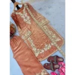 Women's Silk Embroidered 3/4th Sleeve Round Kurti With Palazzo Pant and Dupatta Set (Orange) - Image 6