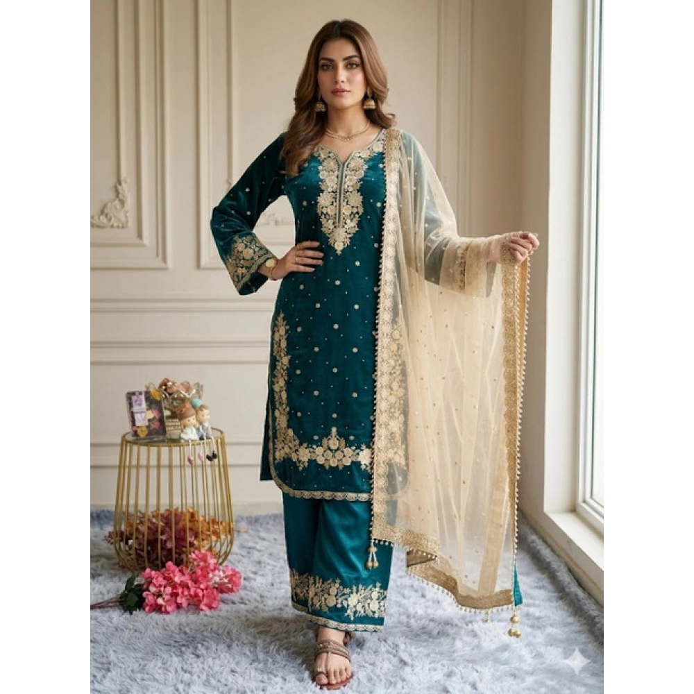 PID-66497-Women-s-Silk-Embroidered-3-4th-Sleeve-Round-Kurti-With-Palazzo-and-Dupatta-Set-Turquoise-1000x1000-1.webp Women's Silk Embroidered 3/4th Sleeve Round Kurti With Palazzo Pant and Dupatta Set (Teal) - Image 1