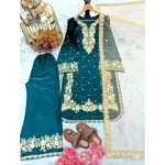 Women's Silk Embroidered 3/4th Sleeve Round Kurti With Palazzo Pant and Dupatta Set (Teal) - Image 4