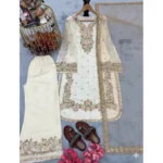 Women's Silk Embroidered 3/4th Sleeve Round Kurti With Palazzo Pant and Dupatta Set (White) - Image 4
