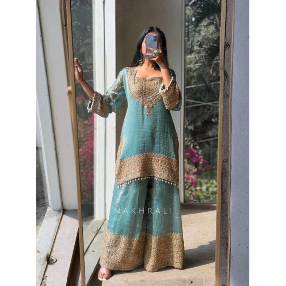 PID-66500-Women-s-Silk-Embroidered-3-4th-Sleeve-Round-Kurti-With-Sarara-and-Dupatta-Set-Sea-Green-1000x1000-1.webp Women's Silk Embroidered 3/4th Sleeve Round Kurti With Sharara Pant and Dupatta Set (Sea Green) - Image 1