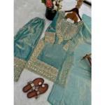 Women's Silk Embroidered 3/4th Sleeve Round Kurti With Sharara Pant and Dupatta Set (Sea Green) - Image 5