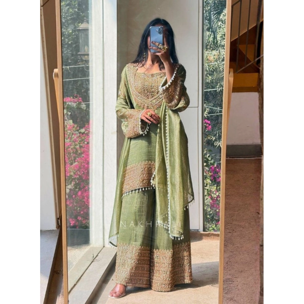 PID-66501-Women-s-Silk-Embroidered-3-4th-Sleeve-Round-Kurti-With-Sarara-and-Dupatta-Set-Green-1-1000x1000-1.webp Women's Silk Embroidered 3/4th Sleeve Round Kurti With Sharara Pant and Dupatta Set (Green) - Image 1