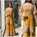 Women's Silk Embroidered 3/4th Sleeve Round Kurti With Sharara Pant and Dupatta Set (Yellow) - Image 6