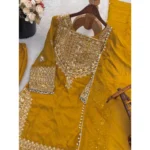 Women's Silk Embroidered 3/4th Sleeve Round Kurti With Sharara Pant and Dupatta Set (Yellow) - Image 3