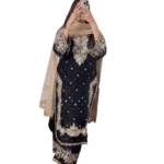 Women's Silk Embroidered 3/4th Sleeve Round Readymade Kurti With Palazzo Pant and Dupatta Set (Black) - Image 2