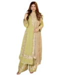 Women's Silk Embroidered 3/4th Sleeve Round Readymade Kurti With Palazzo Pant and Dupatta Set (Pista) - Image 2