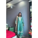 Women's Silk Embroidered 3/4th Sleeve Round Readymade Kurti With Palazzo Pant and Dupatta Set (Sea Green) - Image 4