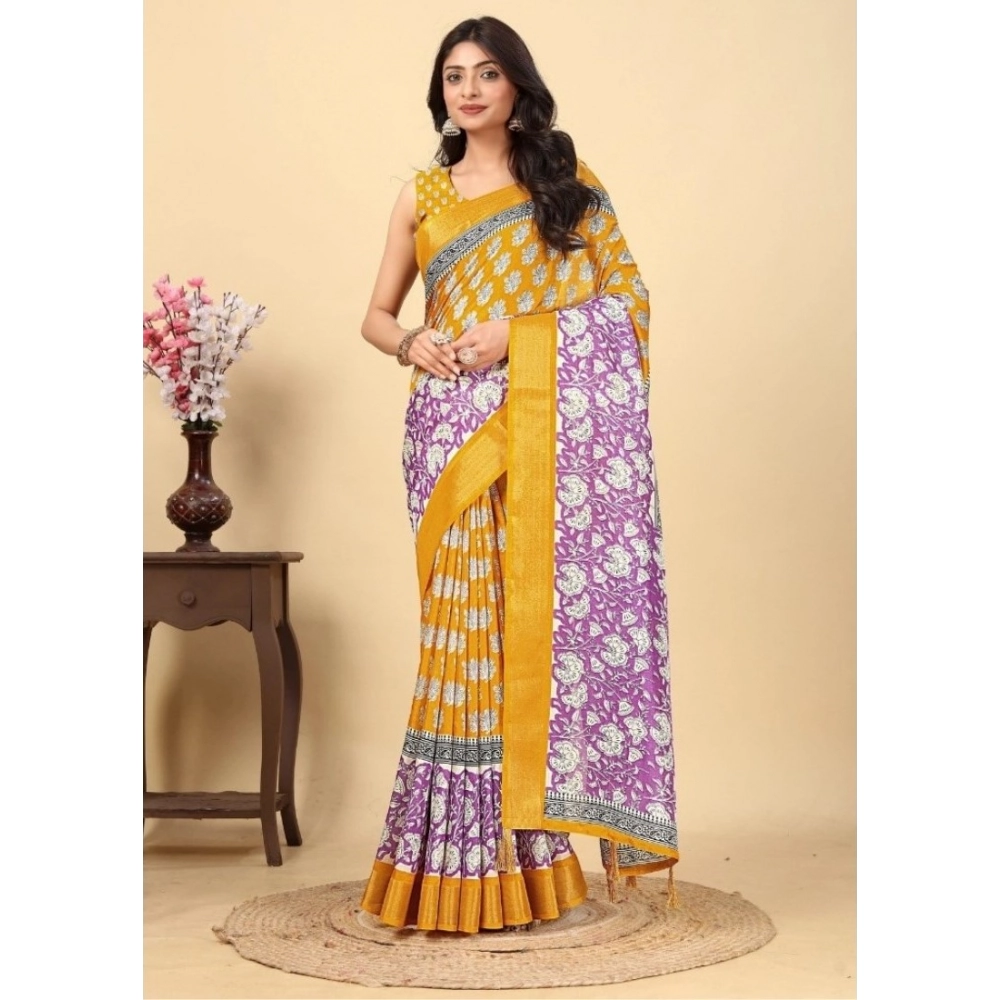 PID-66524-Women-s-Cotton-Blend-Printed-Saree-With-Unstitched-Blouse-5-5-Mtr-Yellow-Purple-1-1000x1000-1.webp Women's Cotton Blend Printed Saree With Unstitched Blouse 5.5Mtr (Yellow) - Image 1