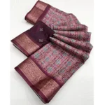 Women's Cotton Blend Printed Saree With Unstitched Blouse 5.5Mtr (Wine) - Image 2