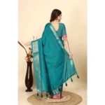 Women's Cotton Blend Checkered Saree With Unstitched Blouse 5.5Mtr (Rama) - Image 4