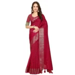 Women's Cotton Blend Checkered Saree With Unstitched Blouse 5.5Mtr (Red) - Image 6