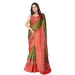 Women's Cotton Silk Printed Saree With Unstitched Blouse 5.5Mtr (Green-Red) - Image 4