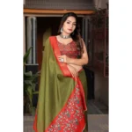 Women's Cotton Silk Printed Saree With Unstitched Blouse 5.5Mtr (Green-Red) - Image 3