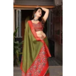 Women's Cotton Silk Printed Saree With Unstitched Blouse 5.5Mtr (Green-Red) - Image 2