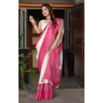 Women's Cotton Silk Printed Saree With Unstitched Blouse 5.5Mtr (White-Pink) - Image 2