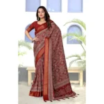 Women's Cotton Silk Printed Saree With Unstitched Blouse 5.5Mtr (Maroon) - Image 3