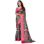 Women's Cotton Silk Floral Printed Saree With Unstitched Blouse 5.5Mtr (Green-Pink) - Image 6