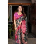 Women's Cotton Silk Floral Printed Saree With Unstitched Blouse 5.5Mtr (Green-Pink) - Image 5