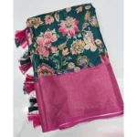 Women's Cotton Silk Floral Printed Saree With Unstitched Blouse 5.5Mtr (Green-Pink) - Image 4