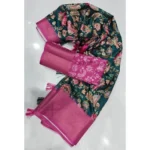 Women's Cotton Silk Floral Printed Saree With Unstitched Blouse 5.5Mtr (Green-Pink) - Image 3