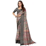 Women's Cotton Silk Floral Printed Saree With Unstitched Blouse 5.5Mtr (Grey-Black) - Image 6
